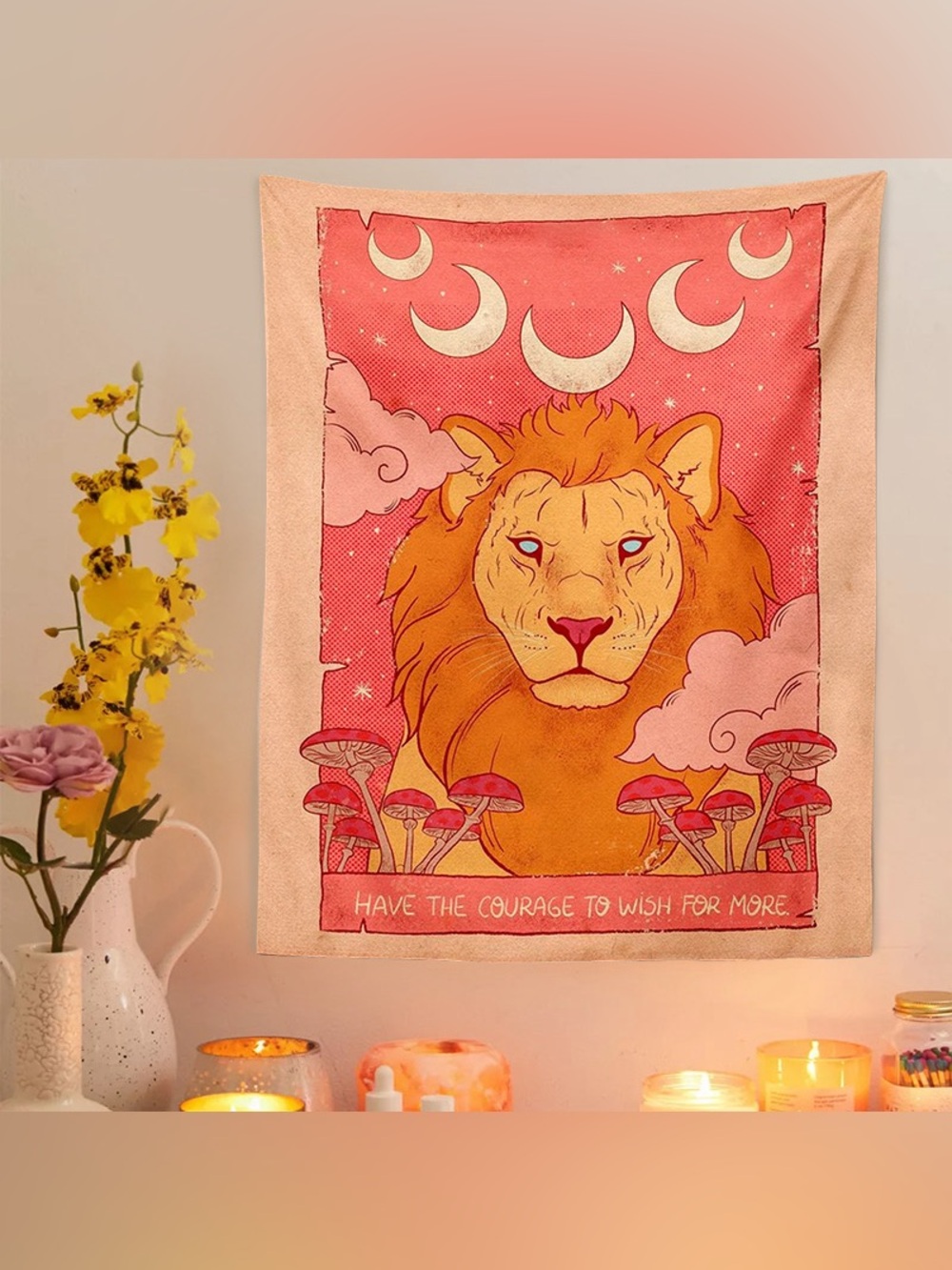 Vintage Graphic Lion Moon Wall Decor Tapestry